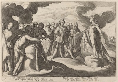 Jupiter ja jumalat pyytävät Heliosta jatkamaan vaunujen hallintaa tekijältä Workshop of Hendrick Goltzius, after Hendrick Goltzius