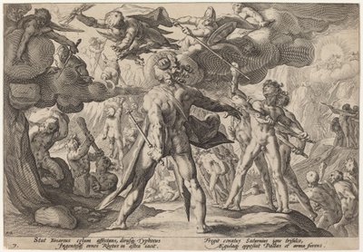 Jättiläiset kiipeämässä taivaaseen tekijältä Workshop of Hendrick Goltzius, after Hendrick Goltzius