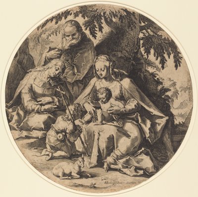 Pyhä perhe Pyhän Elisabetin ja Pyhän Johannes Kastajan kanssa tekijältä Workshop of Jacob Matham, after Hendrik Goltzius