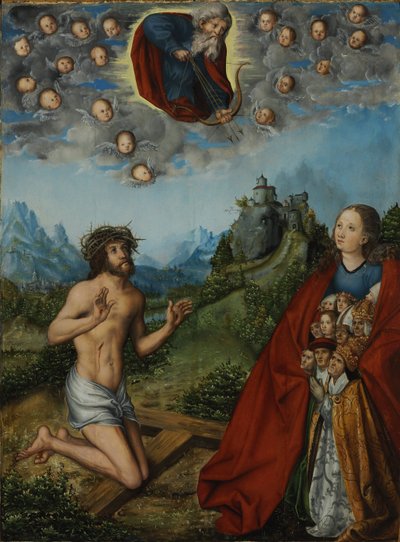 Kaksinkertainen esirukous: Kristus ja Neitsyt esirukoilevat ihmiskunnan puolesta Isän Jumalan edessä. tekijältä workshop of Lucas Cranach the Elder
