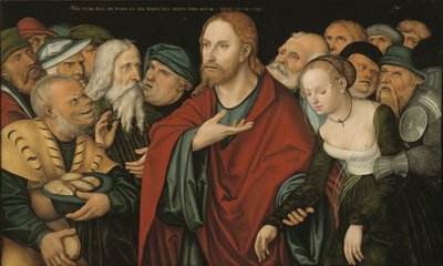 Saksa: Christus und die Ehebrecherin Kristus ja aviorikoksesta tuomittu nainen tekijältä workshop of Lucas Cranach the Elder