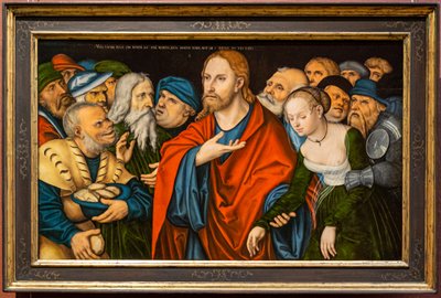 Saksa: Christus und die Ehebrecherin Kristus ja aviorikoksesta tuomittu nainen tekijältä workshop of Lucas Cranach the Elder