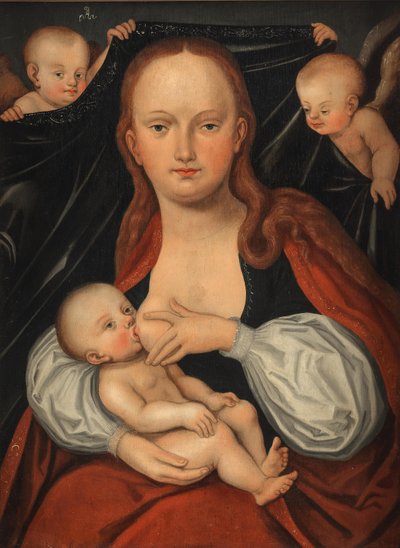 Madonna ja lapsi kahden enkelin pitelemän verhon edessä. tekijältä workshop of Lucas Cranach the Elder