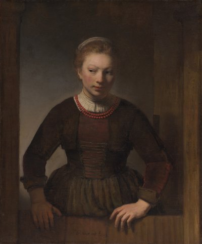 Nuori nainen avoimen puolioven luona tekijältä Workshop of Rembrandt van Rijn