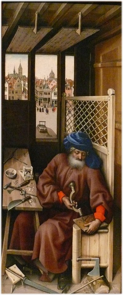 Vaihtoehtoinen nimi(t):   Méroden alttaritaulu
oikea paneeli: Pyhä Joosef puuseppänä tekijältä Workshop of Robert Campin