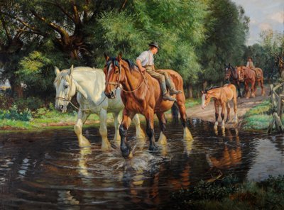 Maatilan hevoset ja varsa Fordissa, noin 1915 (öljy kankaalle) tekijältä Wright Barker