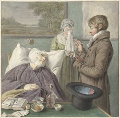 Lääkäri vierailee sairaan vanhan naisen luona sängyssä tekijältä Wybrand Hendriks (attributed to)