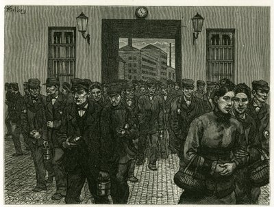 Tehtaan uloskäynti Gentissä. Kaiverrus X. Mellery, luonnon mukaan havainnollistamaan tarinaa "" Belgia"", vuonna 1888, Camille Lemonnierin (1844-1913), taidekriitikko ja kirjailija. Julkaistu Tour du mondessa, 2. lukukausi 1883, toimittanut Edouard Charton tekijältä Xavier Mellery