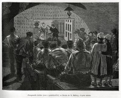 Kellari a Polichinelles, nukketeatteriin suunniteltu kellari. X.Melleryn kaiverrus Belgian tarinan havainnollistamiseksi, Camille Lemonnier, julkaistu Tour du mondessa, toimittanut Edouard Charton (1807-1890) tekijältä Xavier Mellery