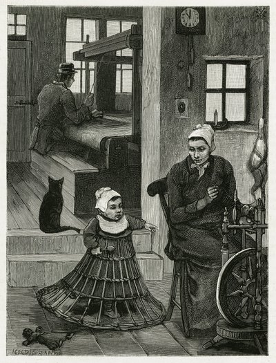 Asunnon ja kutojan työpajan sisustus, kutoja ja pyörä sekä lapsi, jolla on yllään pajuhame, joka auttaa häntä ottamaan ensimmäiset askeleet. X.Melleryn kaiverrus havainnollistamaan Camille Lemonnierin (1844-19) tarinaa "" La Belgique" tekijältä Xavier Mellery