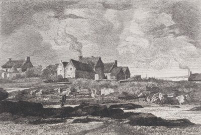 Maalaismaisema, jossa oikealla virtaava joki ja taustalla taloja, 1845-75. tekijältä Xavier de Dananche