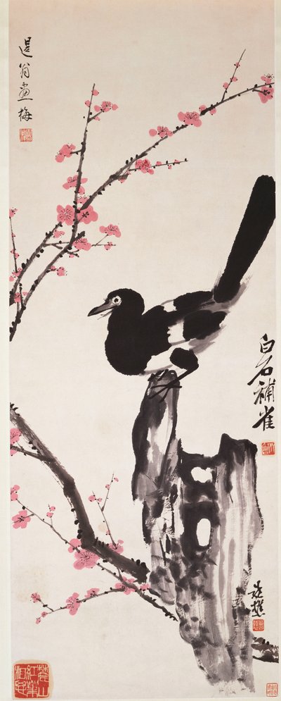 Luumunkukkia ja harakka (muste ja väri paperille) tekijältä Xiao Sun (1883 1944) Zhou Shaoxiang (1880 1954) Qi Baishi