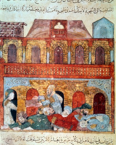 Vaeltava navigaattori Abu Zayd (Abu Zayd, Abu Zayd) ja nukkuvat kauppiaat Abu Mohammed al-Kasim ibn Ali Hariri (1054-1122) Yahya Mahmud al-Wasitin (al-Wasiti) valaisina vuonna tekijältä Yahya ibn Mahmud Al Wasiti