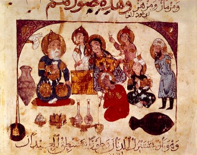 Abou-Zayd Hanah-tavernassa, pienoiskuva teoksesta "Maqamat" (Sanonnat), ms. 3929, fol. 34v tekijältä Yahya ibn Mahmud Al Wasiti