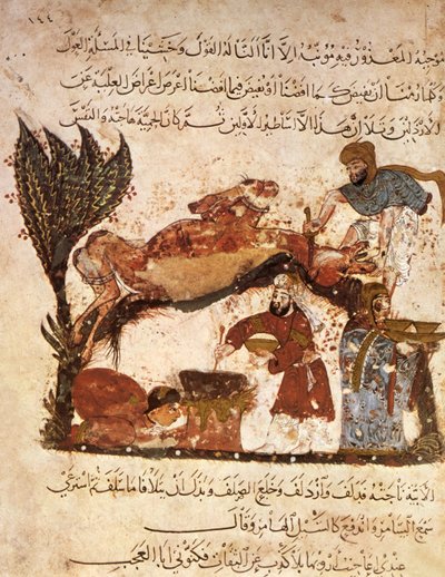Ms Ar 5847 f.61, Valmistelee juhlaa, Al Maqamat, Al Hariri, n. 1240 (guassi vellum) tekijältä Yahya ibn Mahmud Al Wasiti