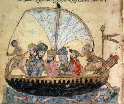 porvarillinen al-Harith (Al Harith), Hammamin poika, ja vaeltava merenkulkija Abu-Zayd (Abu Zayd) Eufratilla purjehtivassa veneessä Abu Mohammed al-Kasim ibn Ali Haririn "Maqamatista" (Seanssit) (tai Al-Hariri tai Al Hariri) (1054-1122) kirjoittaja tekijältä Yahya ibn Mahmud Al Wasiti