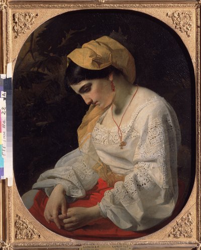 Nuori morsian (A Bride). Profiilimuotokuva surullisesta nuoresta naisesta erottuva ilme. Maalaus: Jakov Fjodorovitš Kapkov (1816-1854), öljy kankaalle tekijältä Yakov Fyodorovich Kapkov