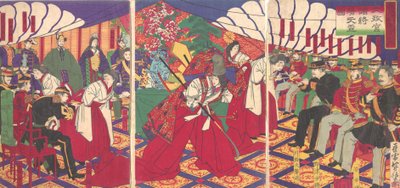 Komentajat vastaanottamassa keisarin juomakupit, 1886 Meiji 19. tekijältä Yamazaki Toshinobu
