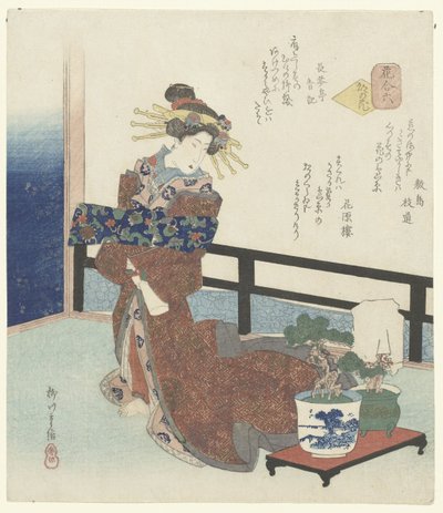 Numero kuusi: Pääkaupungin kukka Sono roku - Miyako no hana (otsikko esineessä) Kukkien vertailu (sarjan nimi) Hana awase (sarjan nimi esineellä) tekijältä Yanagawa Shigenobu (I)