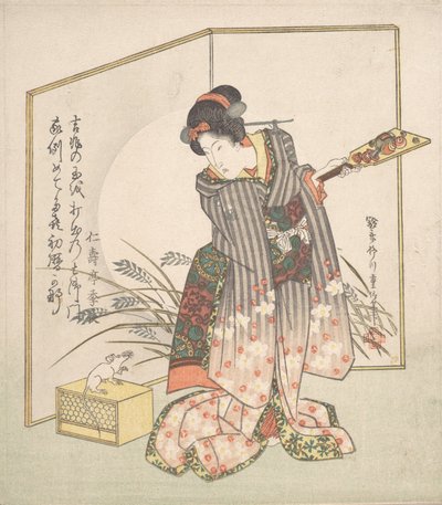 Uudenvuoden onnittelukortti rotan vuodelle 1828. tekijältä Yanagawa Shigenobu