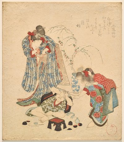 Kaksi tyttöä pikkuveljensä kanssa, jotka kaatoivat sakesetin tekijältä Yanagawa Shigenobu II