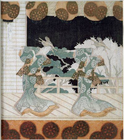 Tanssijat perinteisissä puvuissa näyttämöllä Yashima Gakutein (1786-1868) japanilainen print "Surimono" 1822 Yksityinen kokoelma tekijältä Yashima Gakutei
