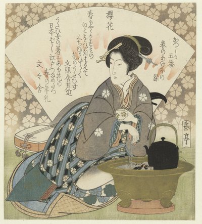kirsikankukka Sakura no Hana (otsikko esineessä) Viiden vedoksen sarja Katsushika Poetry Societylle: Kevään värit (sarjan nimi) Katsushika goban - Haru no akebonosome (sarjan nimi esineessä) tekijältä Yashima Gakutei