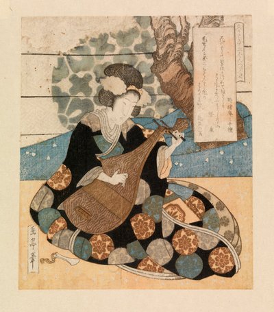 Nainen soittamassa instrumenttia, n. 1804-40 (värillinen puupiirros) tekijältä Yashima Gakutei