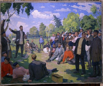Vapunpäivä vuonna 1891 (vappu vuonna 1891). Lepopäivä ja työntekijöiden kokoontuminen aurinkoisessa puistossa. Jefim Mihailovitš Tšeptsovin (1875-1950) maalaus, öljy kankaalle 1935. 1900-luvun Neuvostoliiton taidetta. Venäjän valtionmuseo, Saint tekijältä Yefim Mikhailovich Tcheptsov