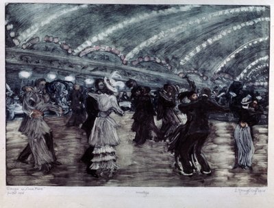 Tango a Luna Park (Tangotanssi Luna Parkissa). Tanssijaparit leveällä lattialla, kattoon valaisemassa valoseppeleitä. Taideteos: Jelisaveta (Elisabeth) Sergeevna Kruglikova (Elizaveta Sergeevna Krouglikova) (1865-1941), kaiverrus ( tekijältä Yelisaveta Sergeyevna Kruglikova