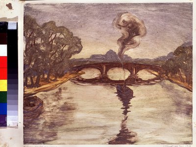 Vene Seinen. (Vene Seinen rannalla). Peinture de Jelisaveta (Elisabeth) Sergeevna Kruglikova (Elizaveta Sergeevna Krouglikova) (1865-1941), estampe (monotyyppi) tekijältä Yelisaveta Sergeyevna Kruglikova