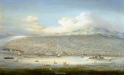 Näkymä Kantonista ja Shamianin saaresta vuonna 1865, noin 1880 (öljy paneelille). tekijältä Yichang Yichang