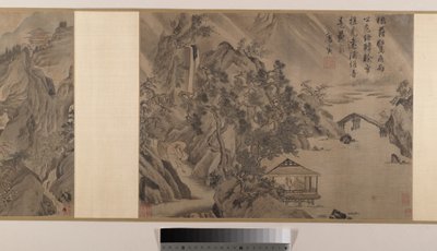 Maisemat (kahdeksan albumilehteä käärönä; tussi ja väri silkille). tekijältä Yin Tang
