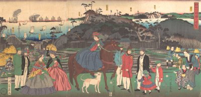 Ulkomaalaiset vierailevat kuuluisalla Gongen-vuorella Kanagawassa, 2. kuukausi, 1861. tekijältä Yoshikazu