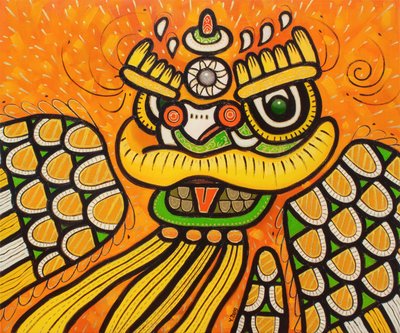 Leijonatanssi keltainen, 2022 (öljy kankaalle) tekijältä Yue Zeng