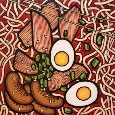 Ramen-nuudelikana, 2023 (sekatekniikka puulevylle) tekijältä Yue Zeng