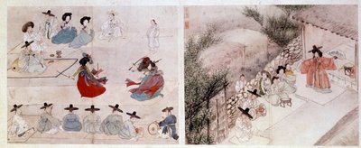 Art Coreen: naisten taistelukohtaus jokapäiväisessä elämässä. Sin Yun Bokin vedokset (tai Hyewon teki vuonna 1758). 18. tai 19. vuosisadalla. Hyung Pil Chun -kokoelma tekijältä Yun bok Sin
