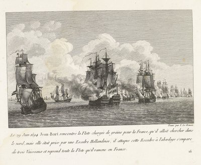 Jan Bart hervert graanschepen Hollands Eskaderissa, 1694 29. kesäkuuta 1694 Jean-Bart tapasi laivaston, joka oli lastattu viljalla Ranskaan (...) ja otti haltuunsa kaiken laivaston, jonka hän toi takaisin Ranskaan (nimi esineessä) Kokoelma Jean-Bartin tais tekijältä Yves Marie Le Gouaz