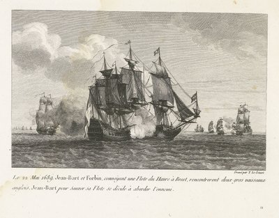 Jan Bart valt twee Engelse schepen aan, 1689 Toukokuun 22. päivänä 1689 Jean-Bart ja Forbin, kuljettivat laivastoa Le Havresta Brestiin, kohtasivat kaksi suurta englantilaista alusta, Jean-Bart pelastaakseen laivastonsa päättää lähestyä vihollista (otsikko tekijältä Yves Marie Le Gouaz