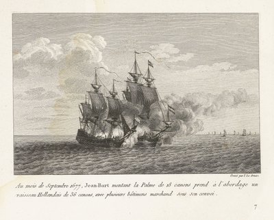 Jan Bart verovert een Hollands fregat, 1677 Syyskuussa 1677 Jean-Bart nousi 18-tykkiseen Palme nousi 36-tykkiseen hollantilaiseen alukseen, jonka saattueessa oli useita kauppalaivoja (nimi esineessä) taistelujen kokoelma tekijältä Yves Marie Le Gouaz