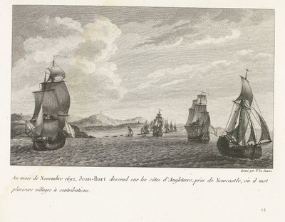 Jan Bart voor de Engelse kust Newcastlessa, 1692 Marraskuussa 1692 Jean-Bart laskeutuu Englannin rannikolle Newcastlen lähelle, missä hän antaa useita kyliä lahjoituksille (otsikko esineessä) Kokoelma Jean-Bartin, siiven päällikön, taisteluista tekijältä Yves Marie Le Gouaz