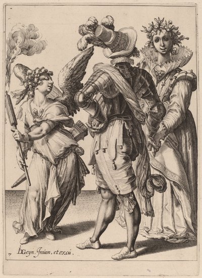 Sidoitettu Amor pitelee taskulamppua avioparin edessä tekijältä Zacharias Dolendo after Jacques de Gheyn II