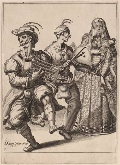 Hunnutettu nainen kahden muusikon kanssa, jotka soittavat ristikkoa ja palkea tekijältä Zacharias Dolendo after Jacques de Gheyn II