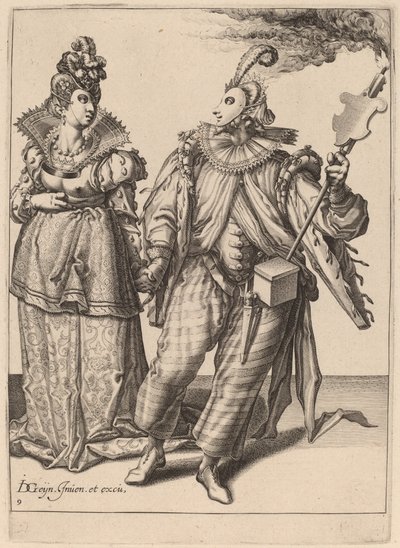 Nainen, jota johtaa soihtua pitelevä pelaaja tekijältä Zacharias Dolendo after Jacques de Gheyn II