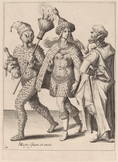 Vanha äiti puhuttelee höyheniin pukeutunutta pariskuntaa tekijältä Zacharias Dolendo after Jacques de Gheyn II