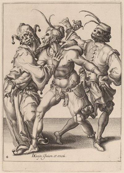 Kolme tanssivaa äitiä, mukaan lukien narri tekijältä Zacharias Dolendo after Jacques de Gheyn II