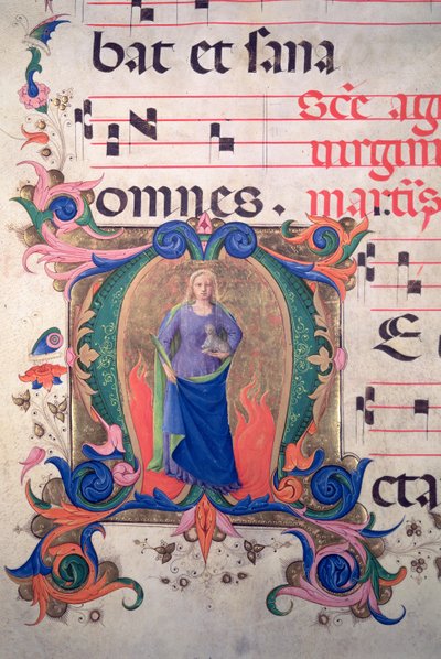Missal 515 f.13v Historioitu alkukirjain "M", joka kuvaa Pyhää Agnesta nuotituurista tekijältä Zanobi di Benedetto Strozzi
