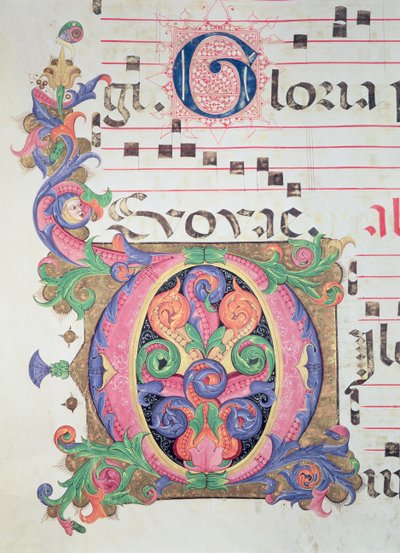 Missal 515 fol.146r Historioitu alkukirjain "O", koristeltu lehtineen, yksityiskohta ennen vuotta 1449 tehdystä kuorokirjasta tekijältä Zanobi di Benedetto Strozzi