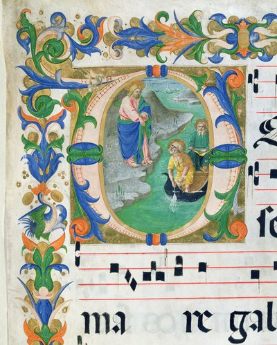 Ms 515 f.1r Kalojen ihmeellinen veto, kuorokirjasta, toteutettu ennen vuotta 1449 yksityiskohta 88903:sta tekijältä Zanobi di Benedetto Strozzi