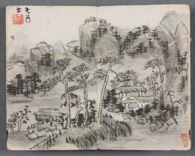 Pienoisalbumi hahmoilla ja maisema kahdella rakennuksella, 1822. tekijältä Zeng Yangdong